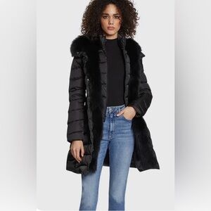 DAWN LEVY JETSETTER Women's Down fox fur Black Puffer Coat Parka size Large L